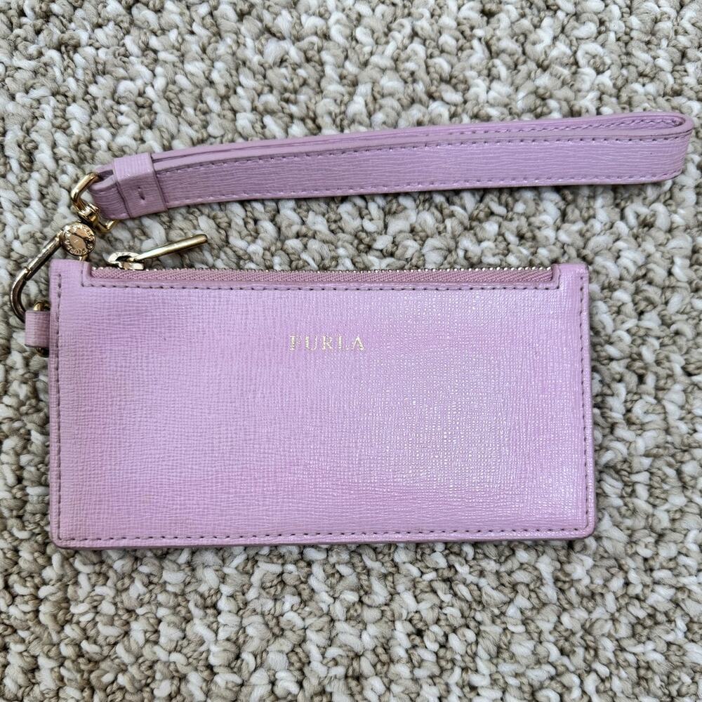 FURLA Light Pink Leather Thin Zip Card Wallet Wristlet Card Case Clutch